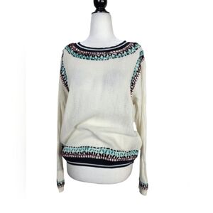 Zara Cream Open-Weave Sweater with Navy, Teal & Burgundy Accents